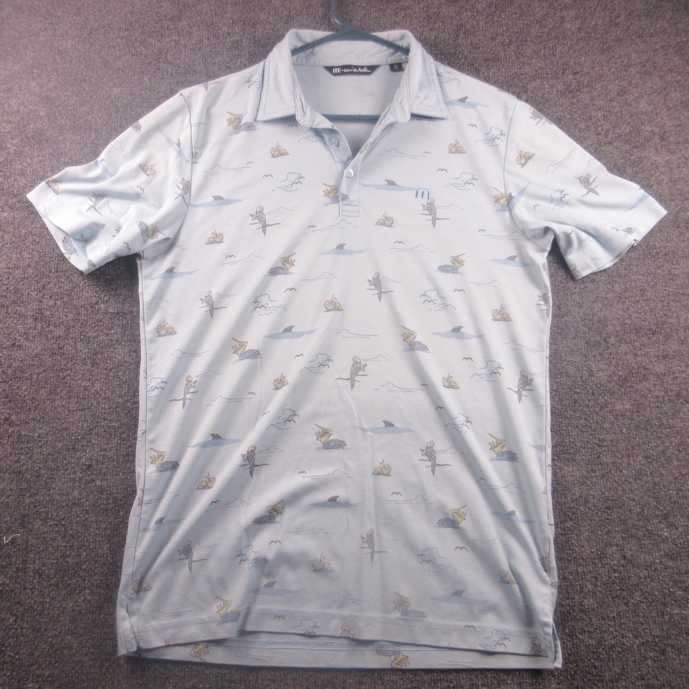 TravisMathew Polo Shirt Mens‎ Medium Blue Tropical Parrot Print Golf Performance